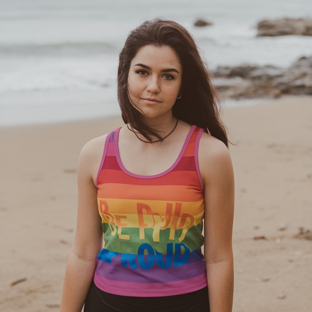 A person wearing a rainbow tank top that says 'BE PROUD' standing on a beach.