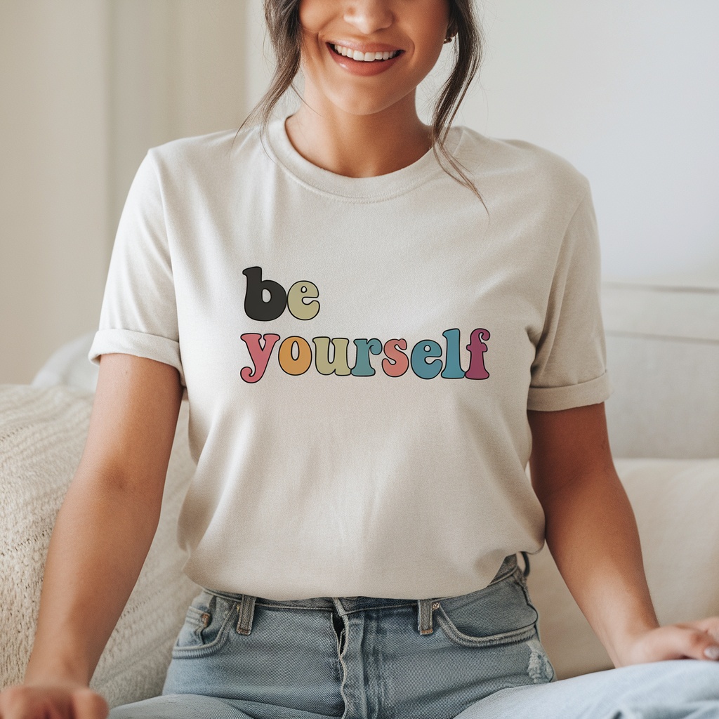 A person smiling while wearing a light-colored t-shirt with the words 'be yourself' in different colors.