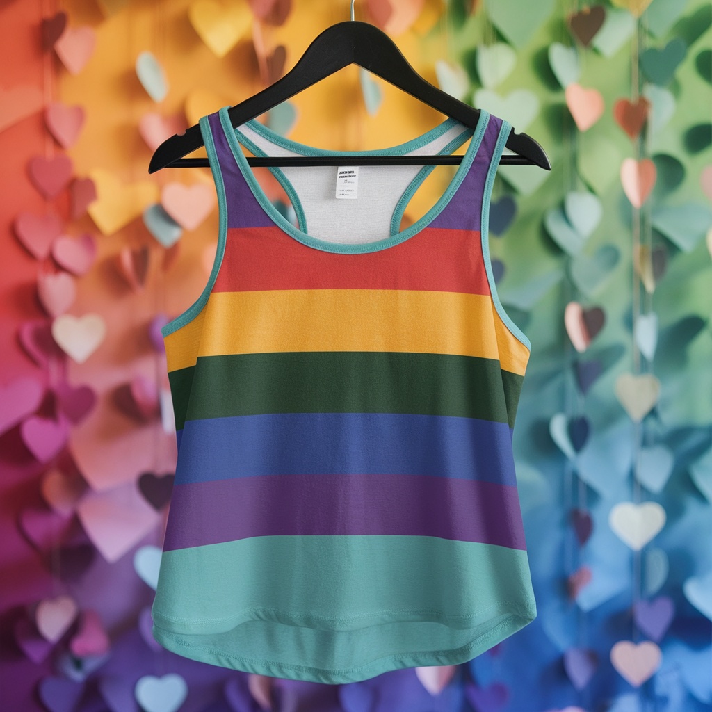 A colorful Bi Pride Flag tank top displayed on a hanger against a backdrop of heart-shaped decorations.