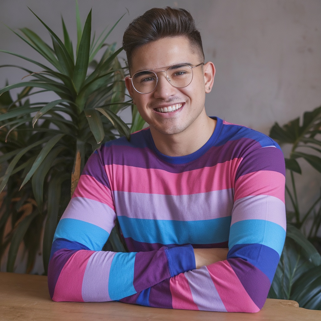 A young person smiling while wearing a striped long sleeve tee in vibrant colors.