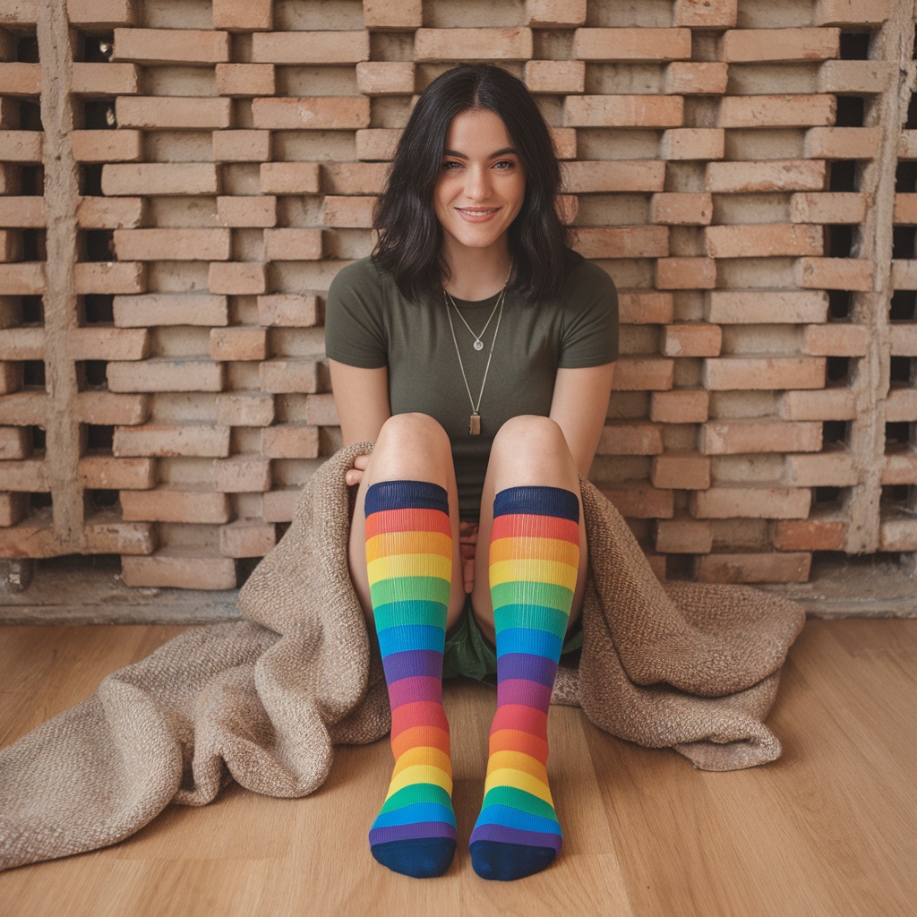 A person smiling while wearing rainbow striped socks, sitting on the floor
