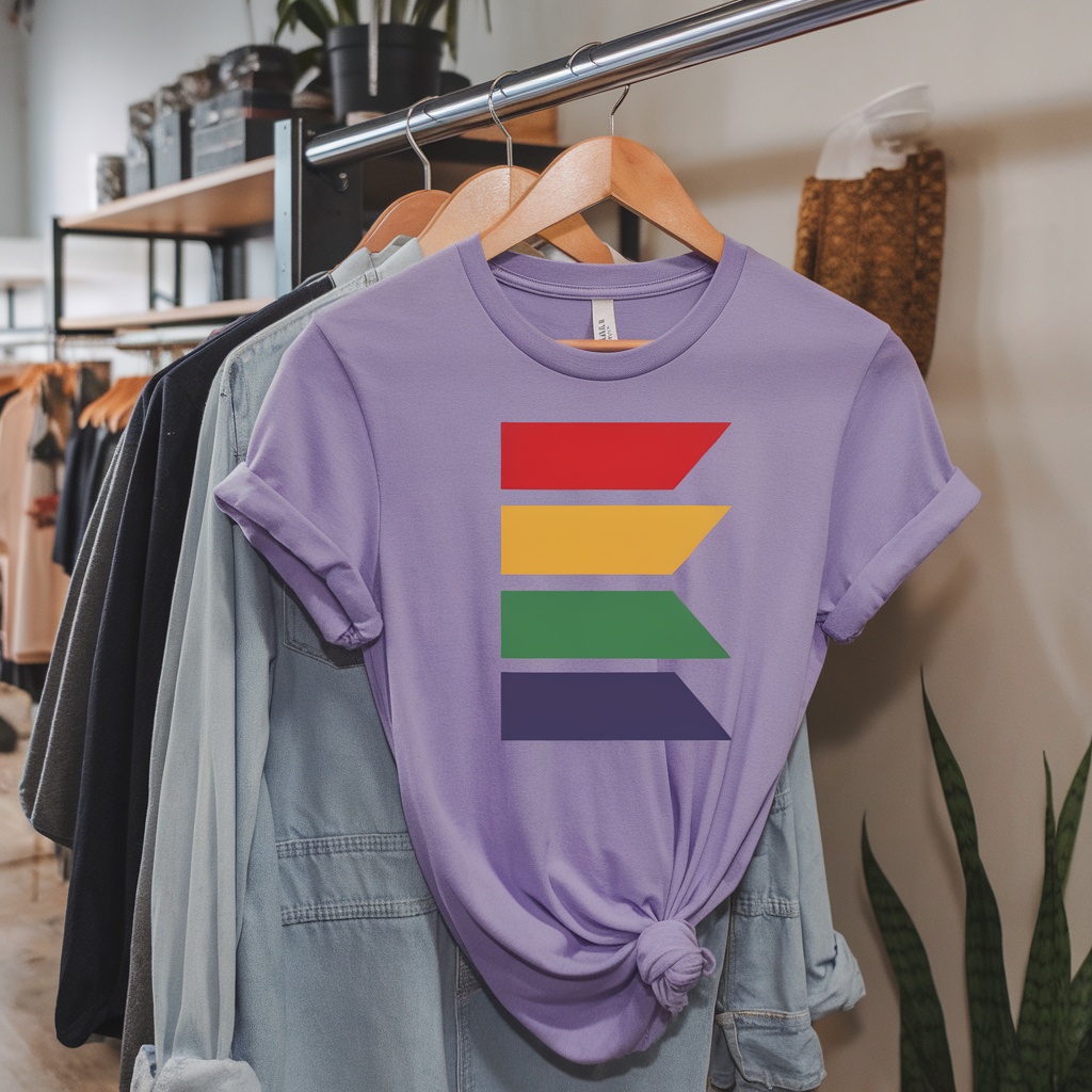 A purple t-shirt with a colorful equality graphic displayed on a wooden hanger in a boutique