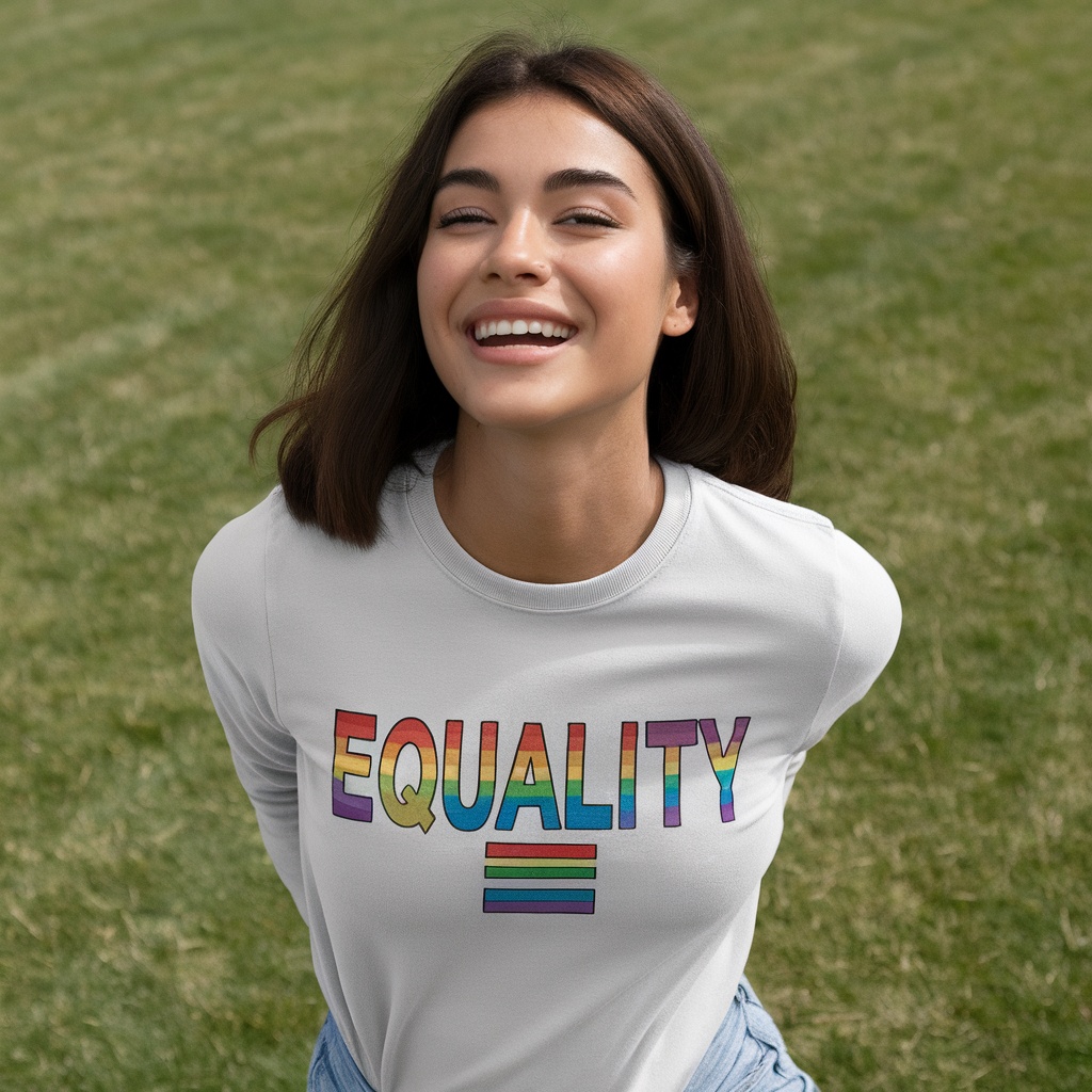 A person smiling while wearing a shirt that says 'EQUALITY'.