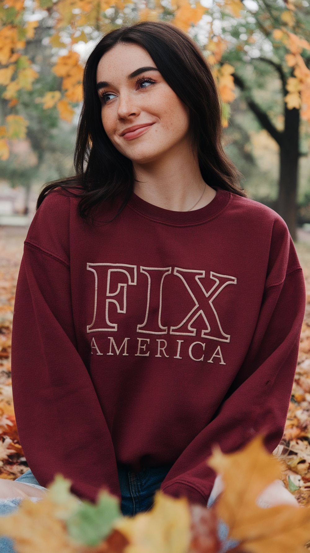 A young woman wearing a maroon sweatshirt with 'FIX AMERICA' text, sitting among autumn leaves.