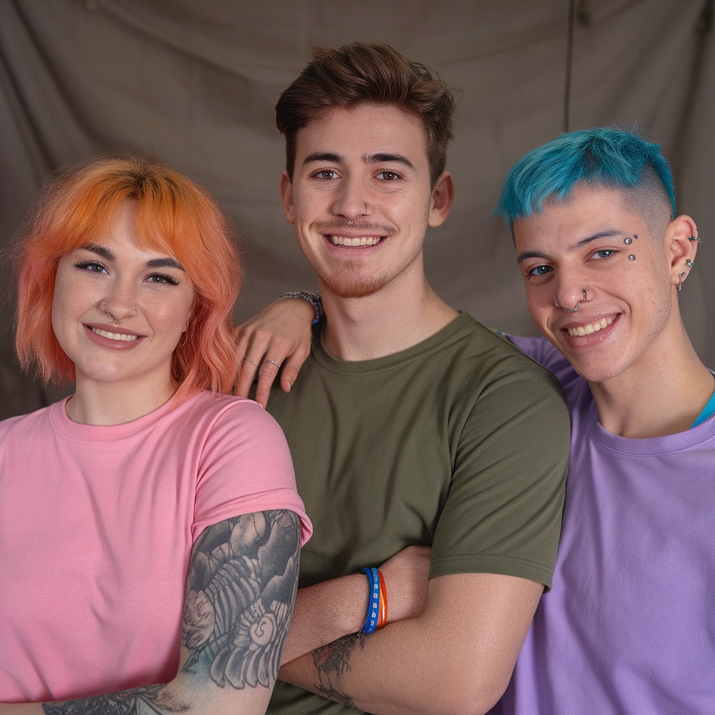 A group of diverse individuals wearing colorful t-shirts, smiling together.