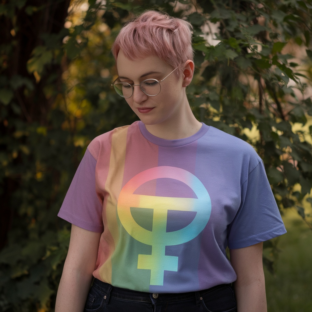 A person wearing a gender fluid pride t-shirt in a natural setting.