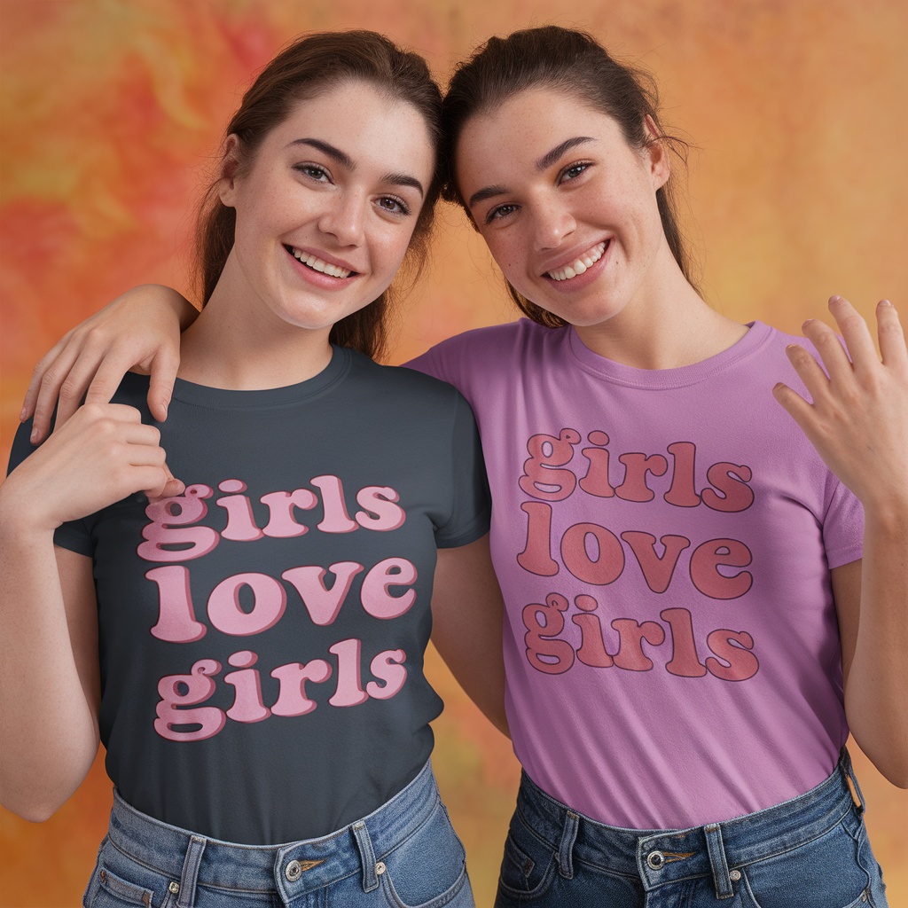 Two young women wearing matching 'girls love girls' t-shirts, smiling and posing together.