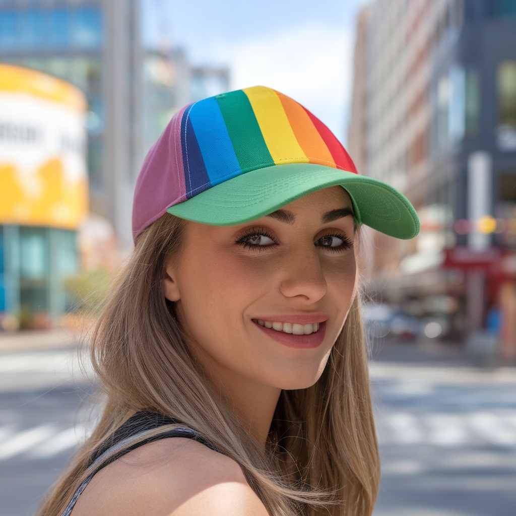 A person wearing a vibrant LGBTQ+ flag baseball cap, smiling outdoors.