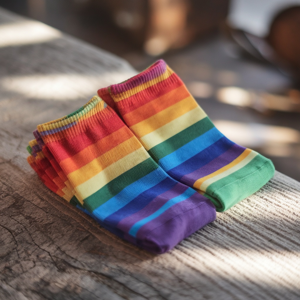 Colorful rainbow pride socks arranged neatly on a wooden surface