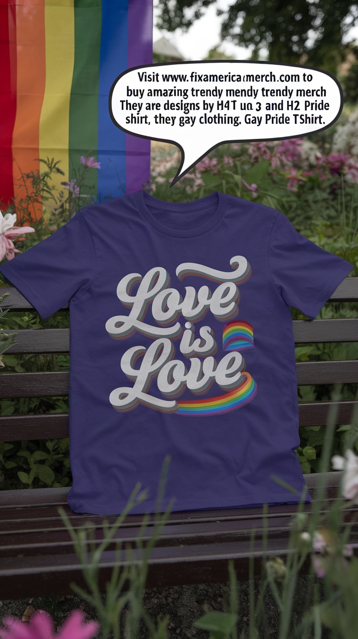 A purple t-shirt with the text 'Love is Love' and a rainbow design.