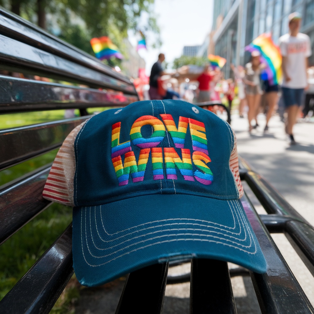 A vibrant cap with the text 'Love Wins' displayed prominently, set on a bench with a pride parade in the background.
