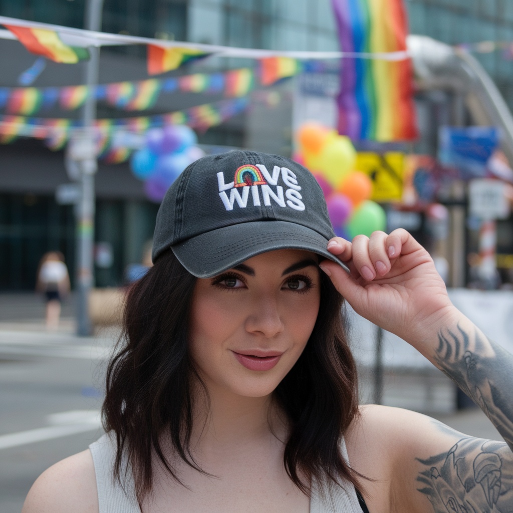 A person wearing a black cap with 'LOVE WINS' text, standing in a vibrant, festive atmosphere.