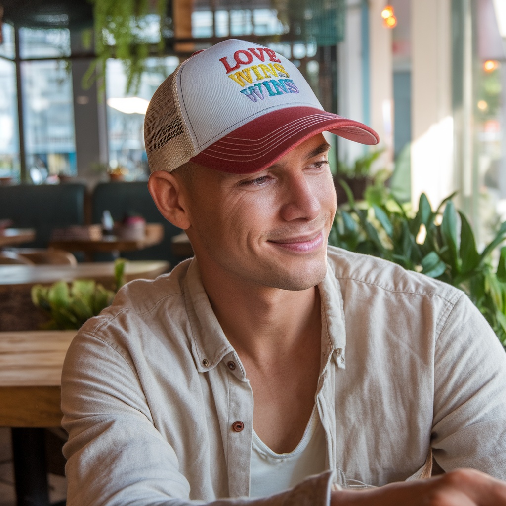 A man wearing a Love Wins Cap, smiling in a cafe setting.