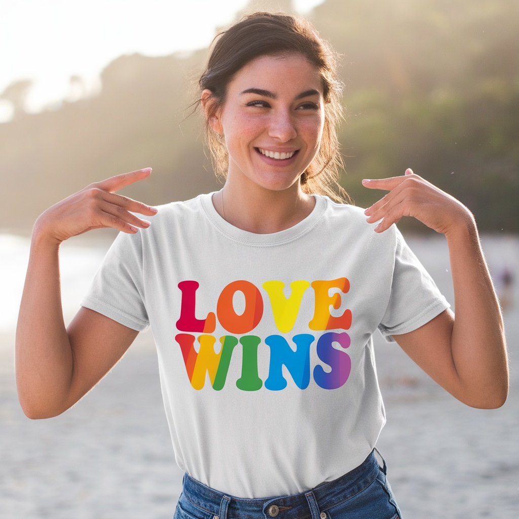 A person wearing a Love Wins Rainbow Pride Shirt, smiling and pointing at the shirt.