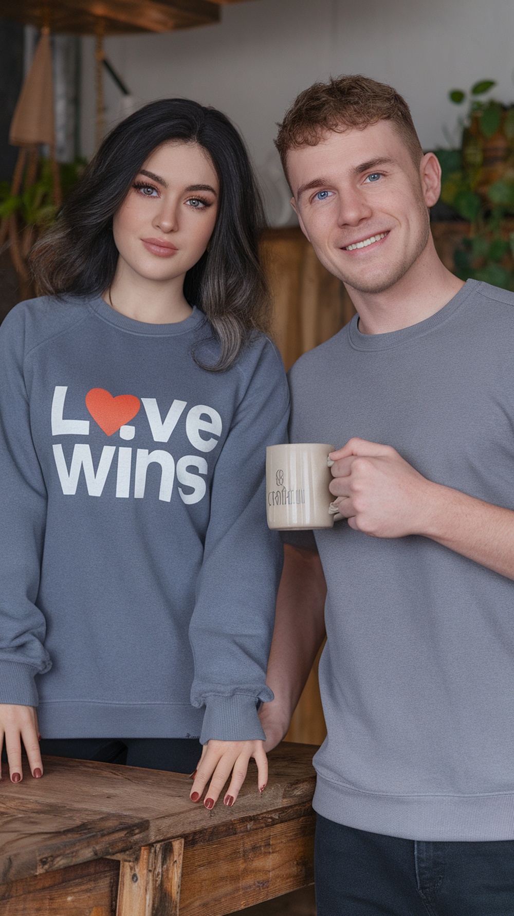 Two people wearing sweatshirts, one with 'Love Wins' printed on it