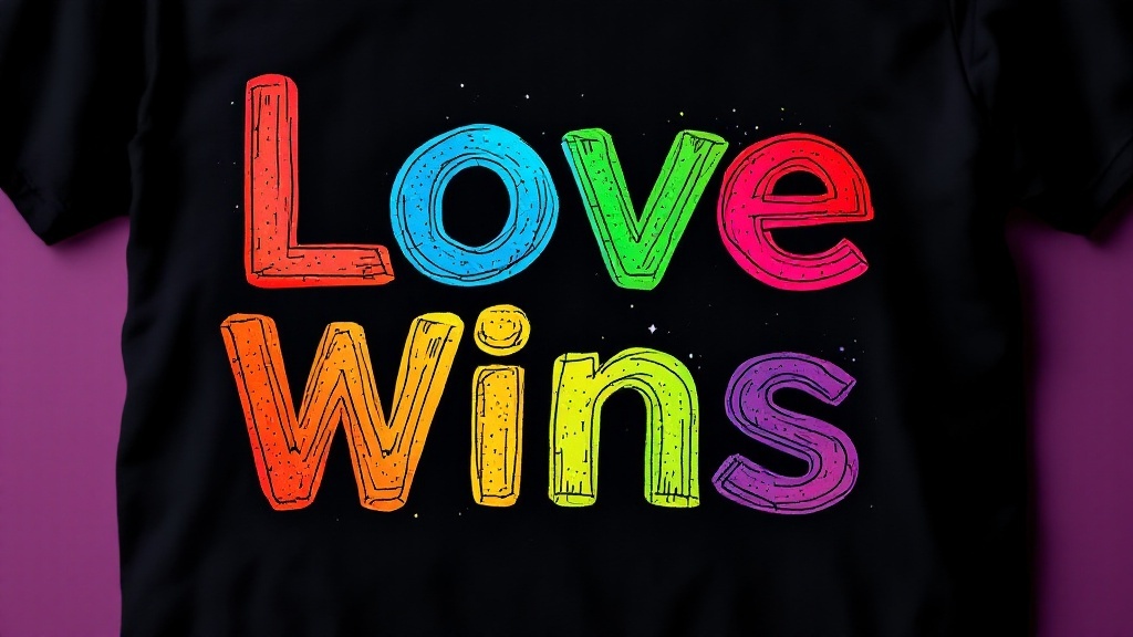 White t-shirt with the text 'Love Wins' in colorful letters