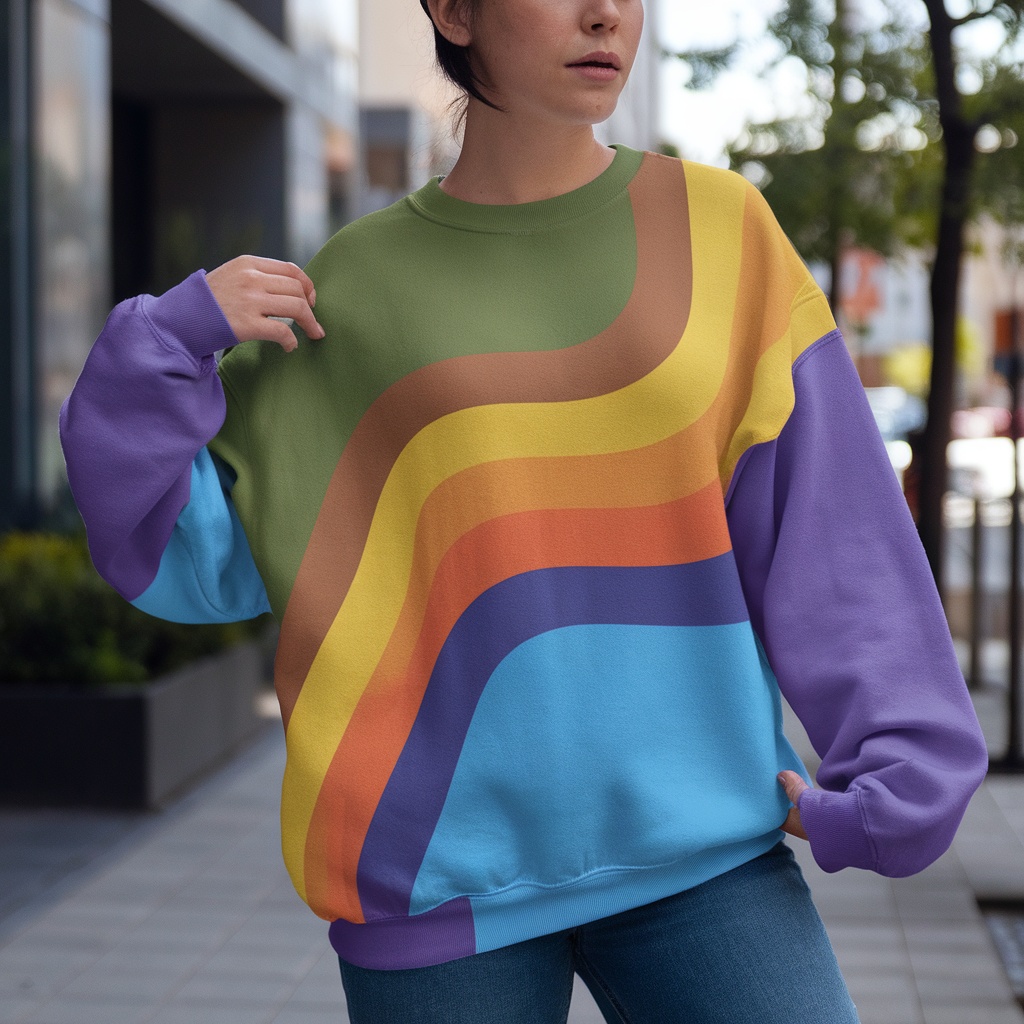 A model wearing a colorful non-binary pride sweatshirt