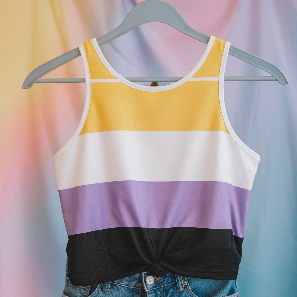 Nonbinary Pride Flag Tank Top hanging on a hanger
