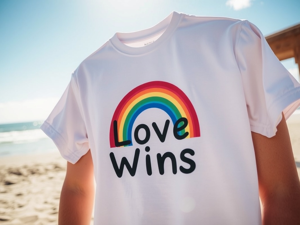 A white t-shirt with a rainbow design and the text 'Love Wins'