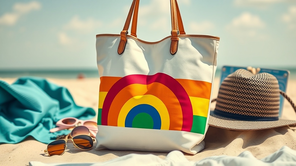 Colorful rainbow tote bag on a beach setting.