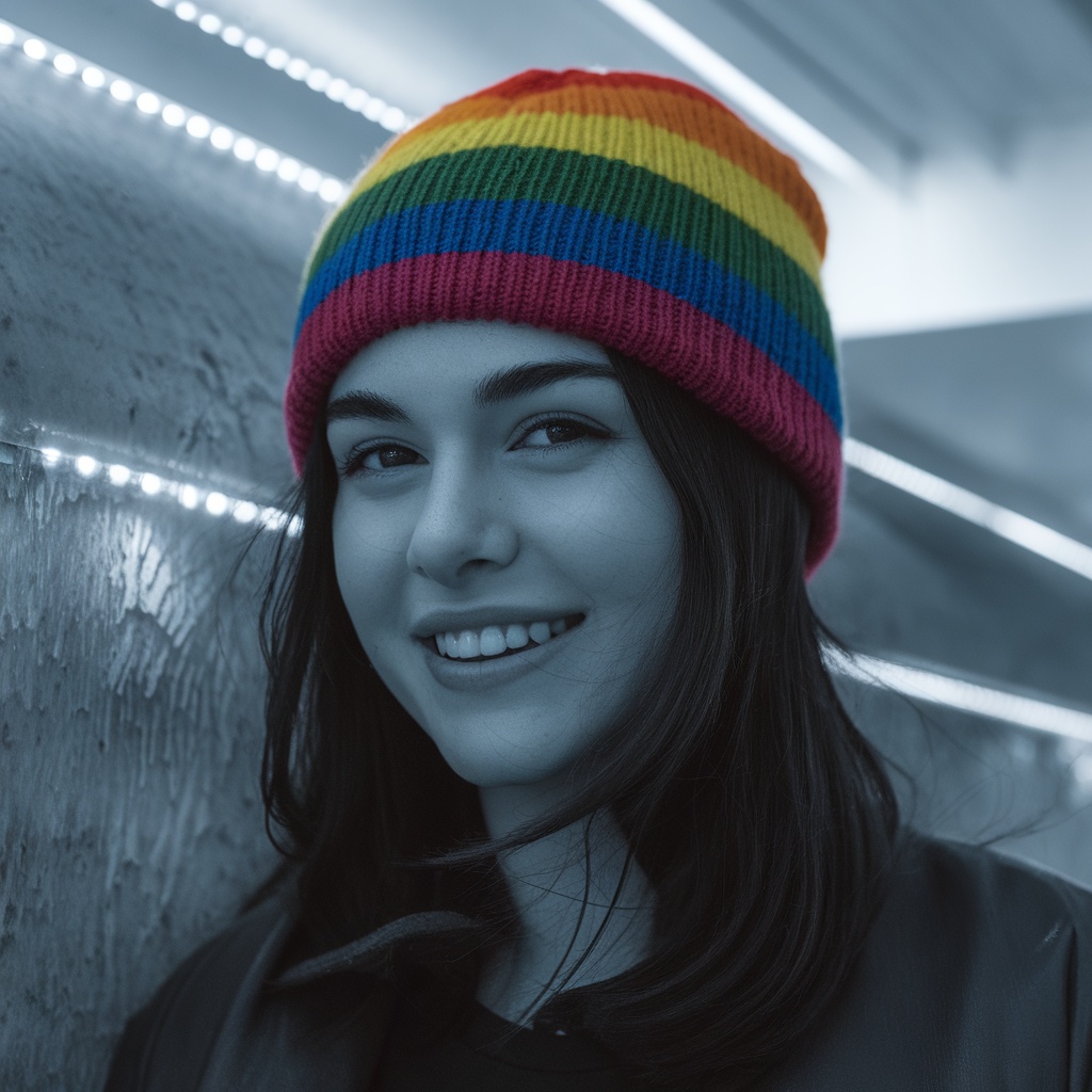 A person smiling while wearing a rainbow-striped beanie.