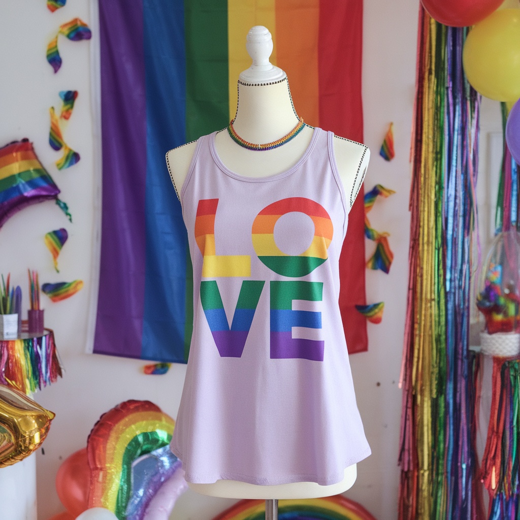 A tank top with the word 'LOVE' in rainbow colors, displayed against colorful pride decorations.