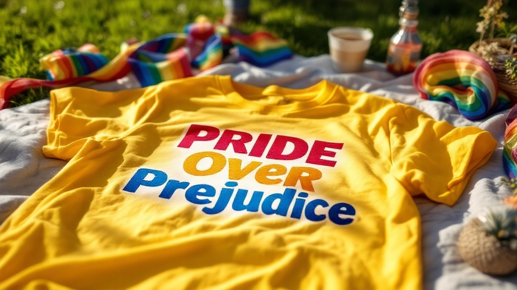 Pride Over Prejudice T-shirt displayed in a park setting with people in the background.