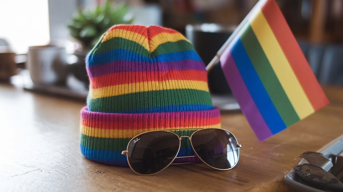 A colorful Pride rainbow beanie with sunglasses and a rainbow flag on a table.
