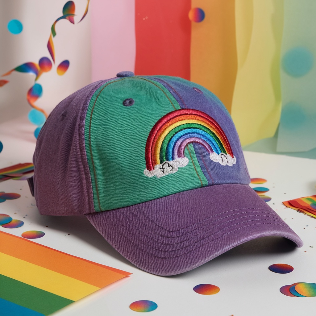 A colorful cap with a rainbow design on it, surrounded by colorful confetti and rainbow decorations.