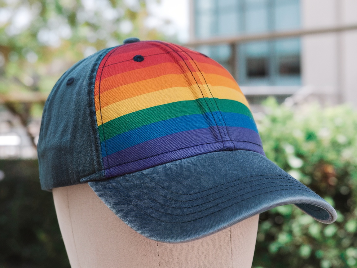 A cap with rainbow stripes, representing pride