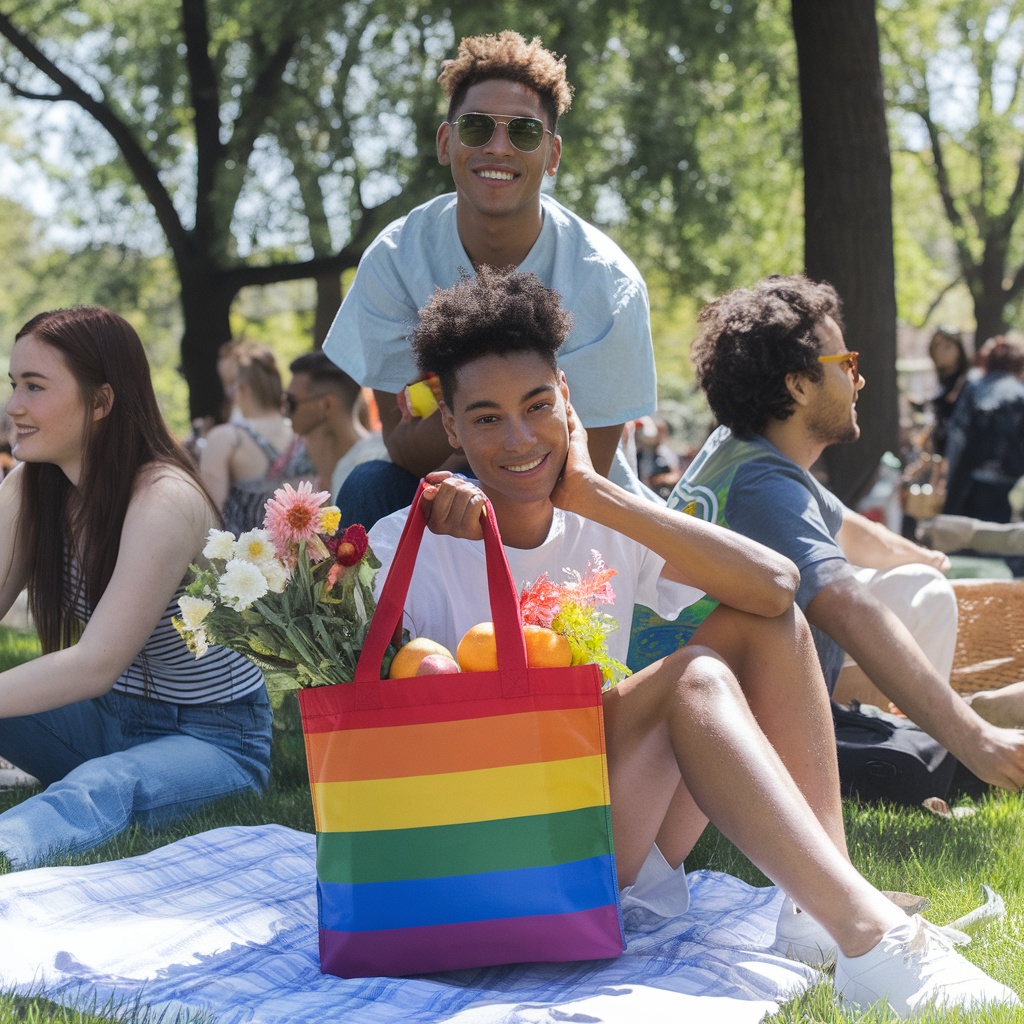 A group of friends enjoying a sunny day in the park, with one person holding a rainbow Pride tote bag filled with flowers and fruits.