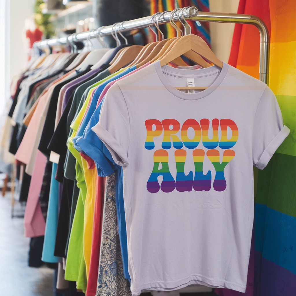 Proud Ally T-Shirt hanging among a variety of colorful shirts