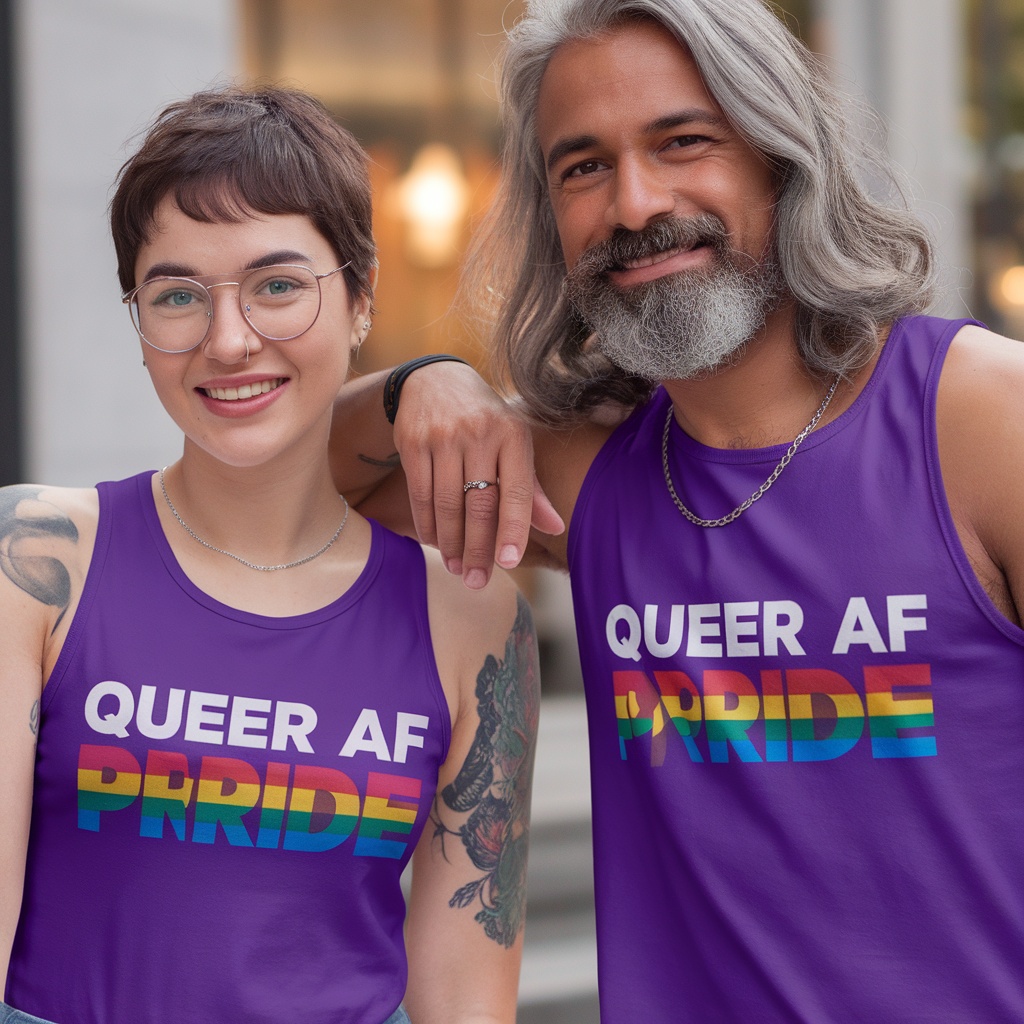 Two people wearing Queer Af Pride Tank Tops, smiling and showing support for LGBTQ+ pride.