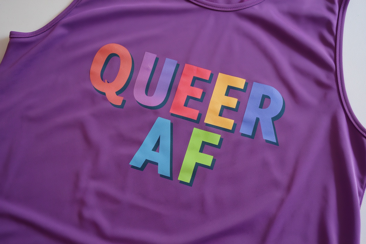 Two smiling young men wearing a tank top that says 'QUEER AF'.