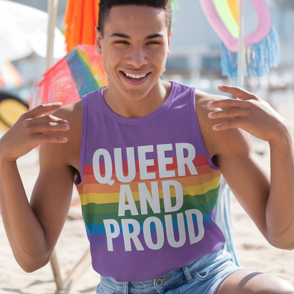 A smiling person wearing a purple tank top with the text 'QUEER AND PROUD' in rainbow colors.
