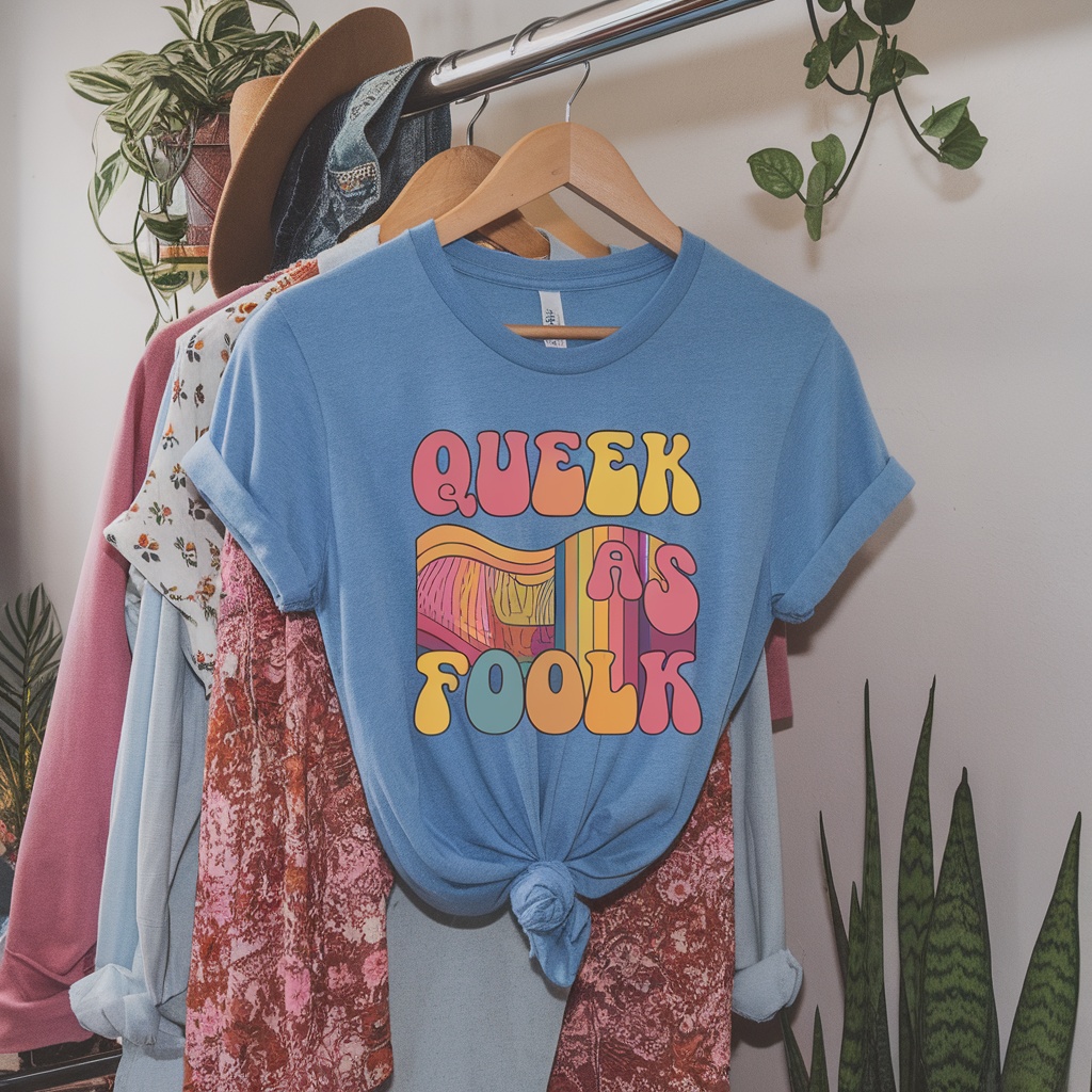 Queer As Folk graphic tee displayed on a rack among other colorful clothing