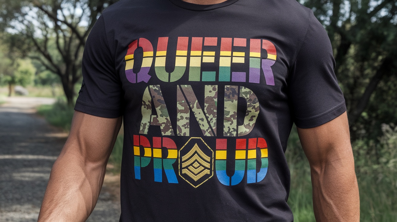 A man wearing a Queer Military Pride Shirt, with bold lettering and camouflage design.