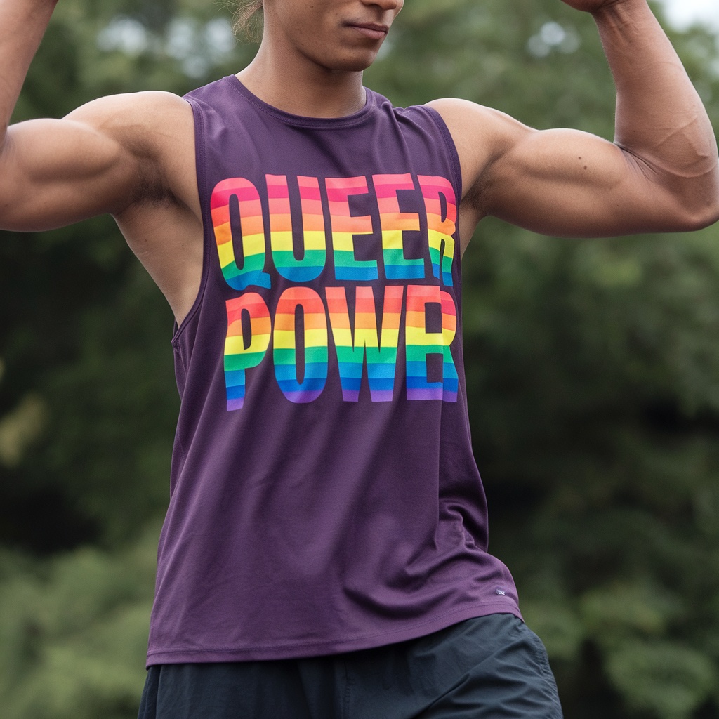 A person wearing a purple tank top with the text 'QUEER POWER' in rainbow colors
