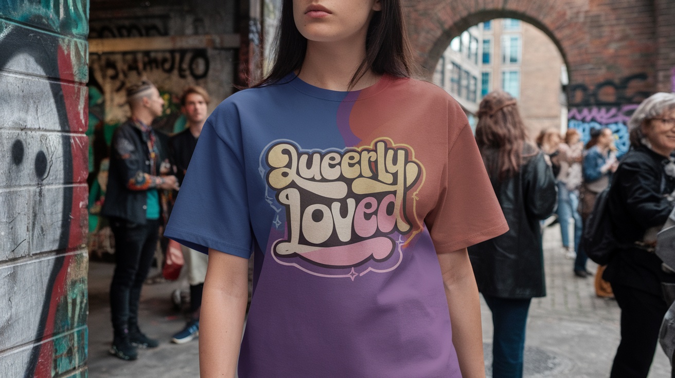 A person wearing a colorful t-shirt that says 'Queerly Loved' in a street setting.