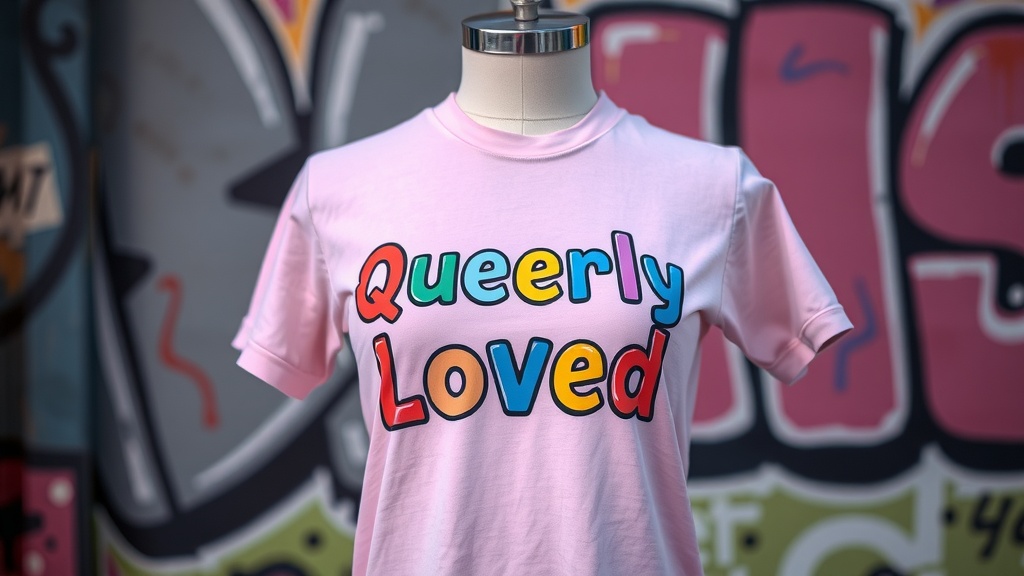Pink t-shirt with the text 'Queerly Loved' in colorful letters