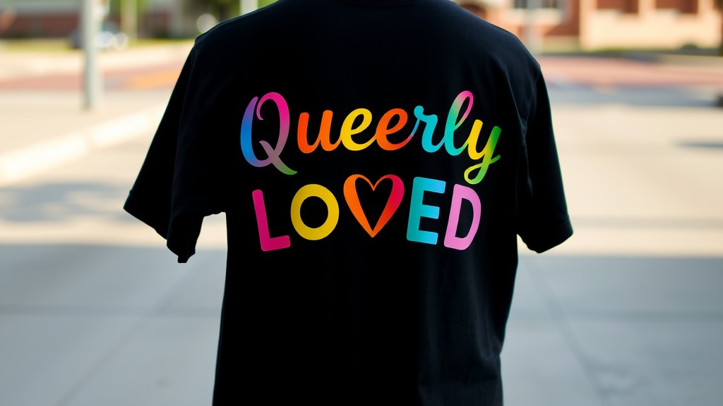 Queerly Loved T-Shirt with colorful text on a black background.