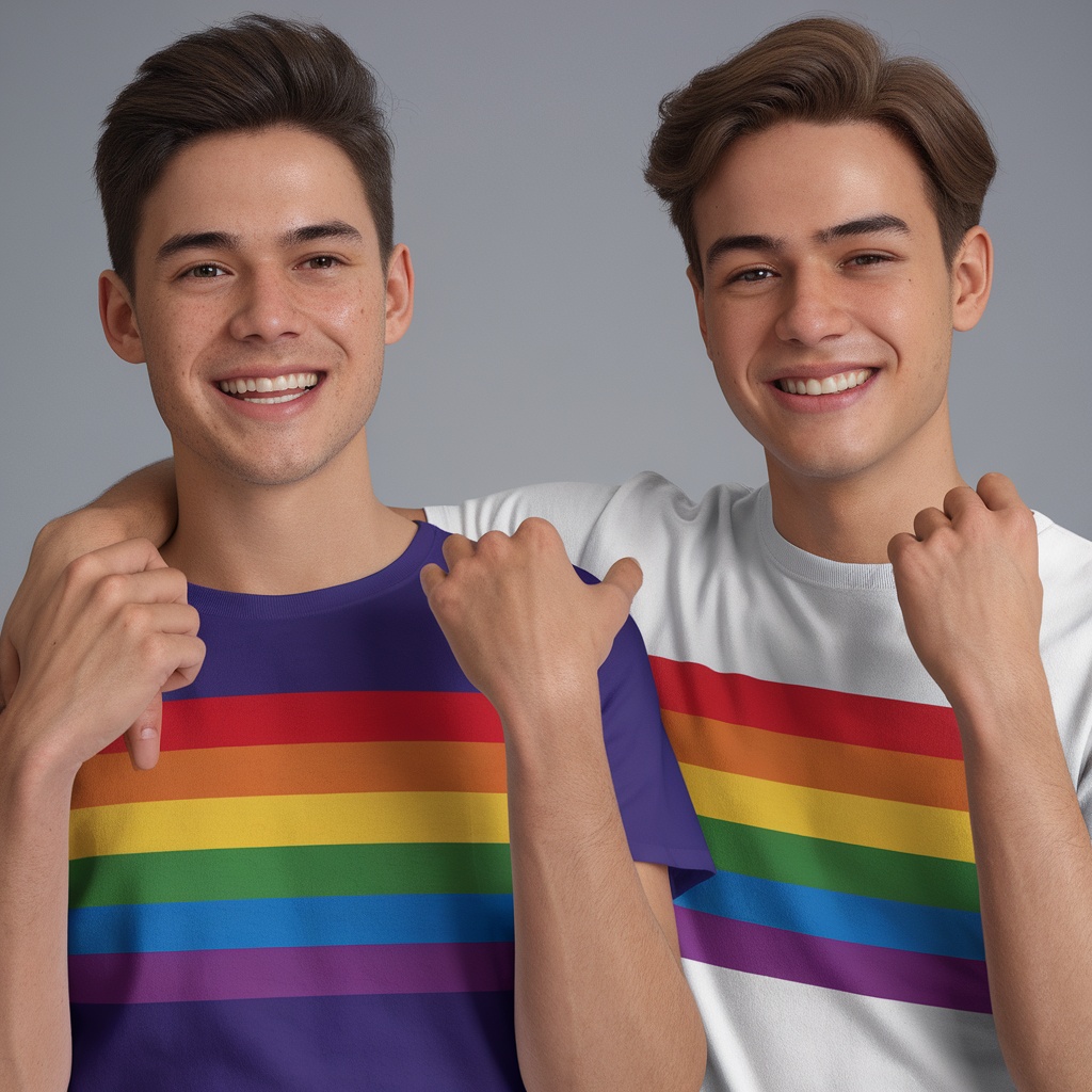 Two young men wearing rainbow flag graphic tees, smiling together.