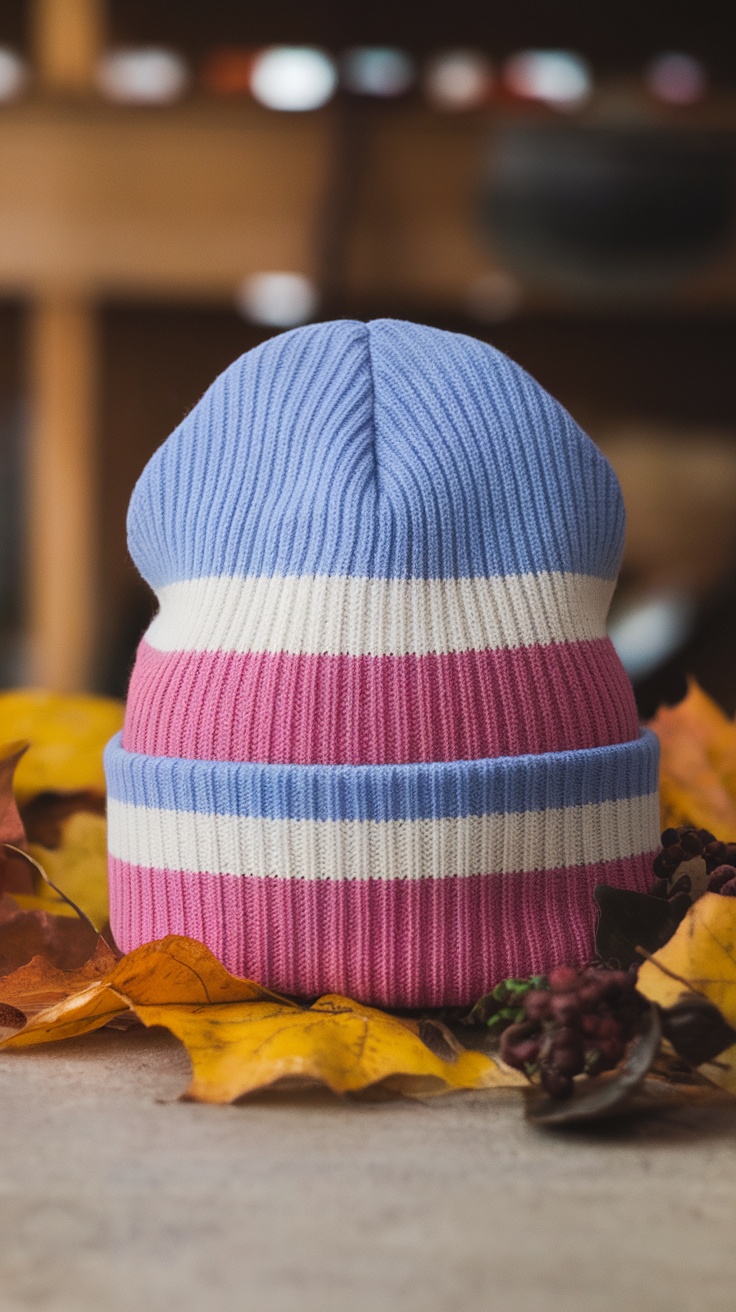 A person wearing a striped beanie with a smile, showcasing a vibrant and colorful design.