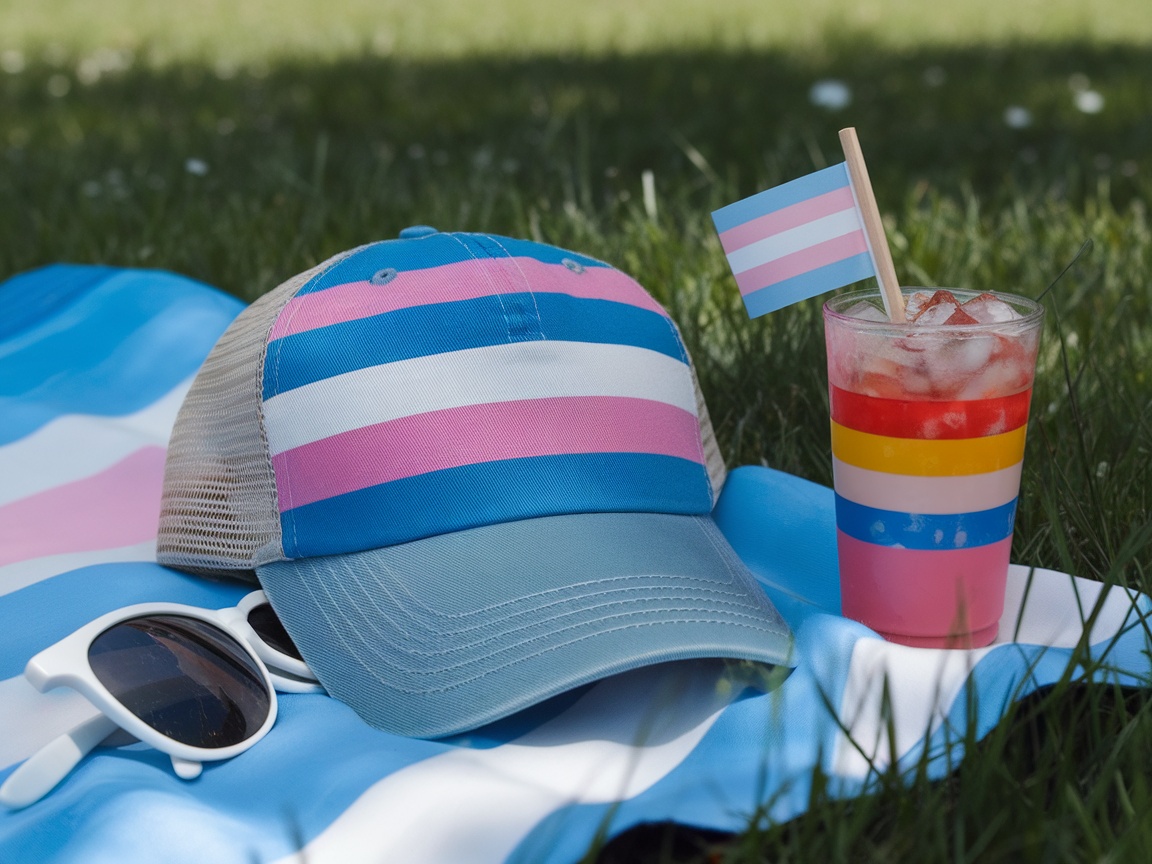 A smiling person wearing a Trans pride flag cap outdoors.