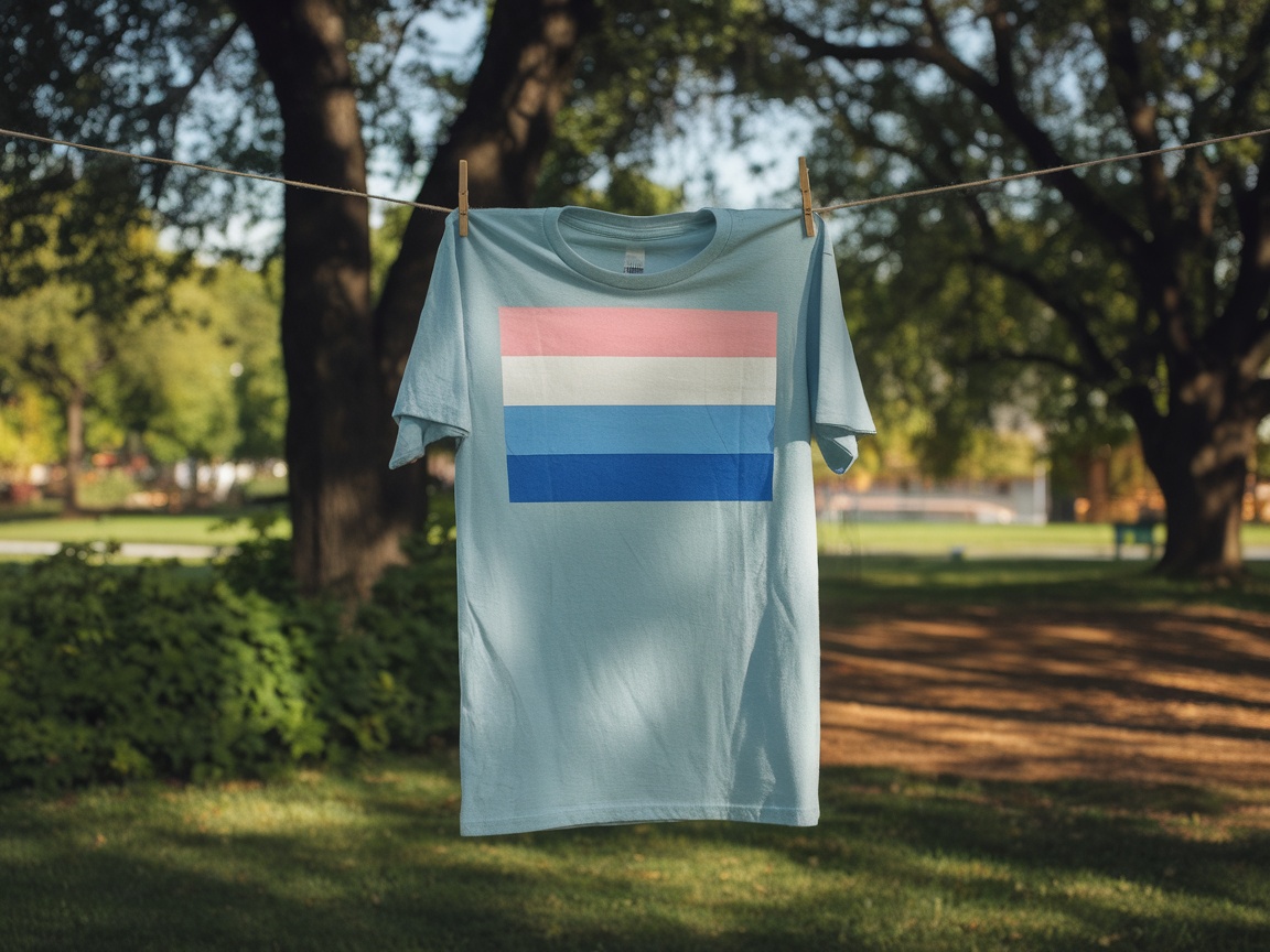 A person hanging a Trans Pride Flag T-Shirt outdoors.