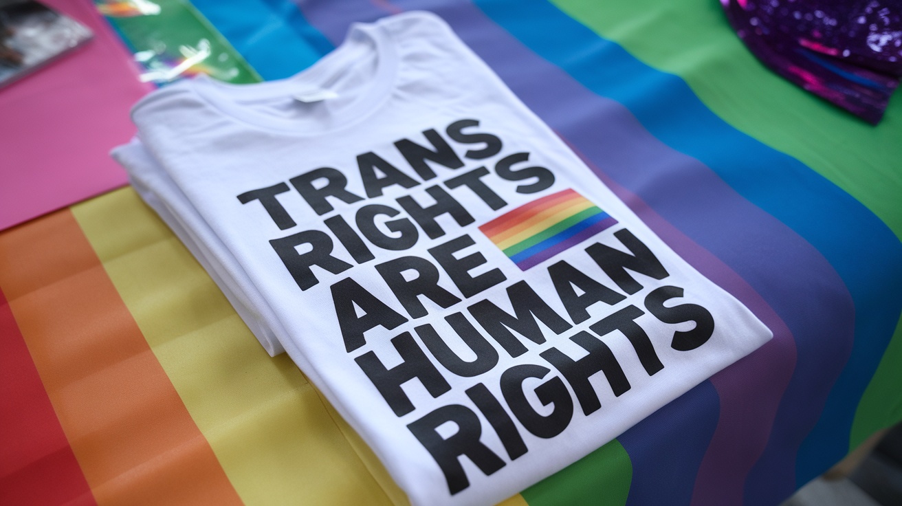 A white t-shirt with bold text stating 'Trans Rights Are Human Rights' and a rainbow flag.