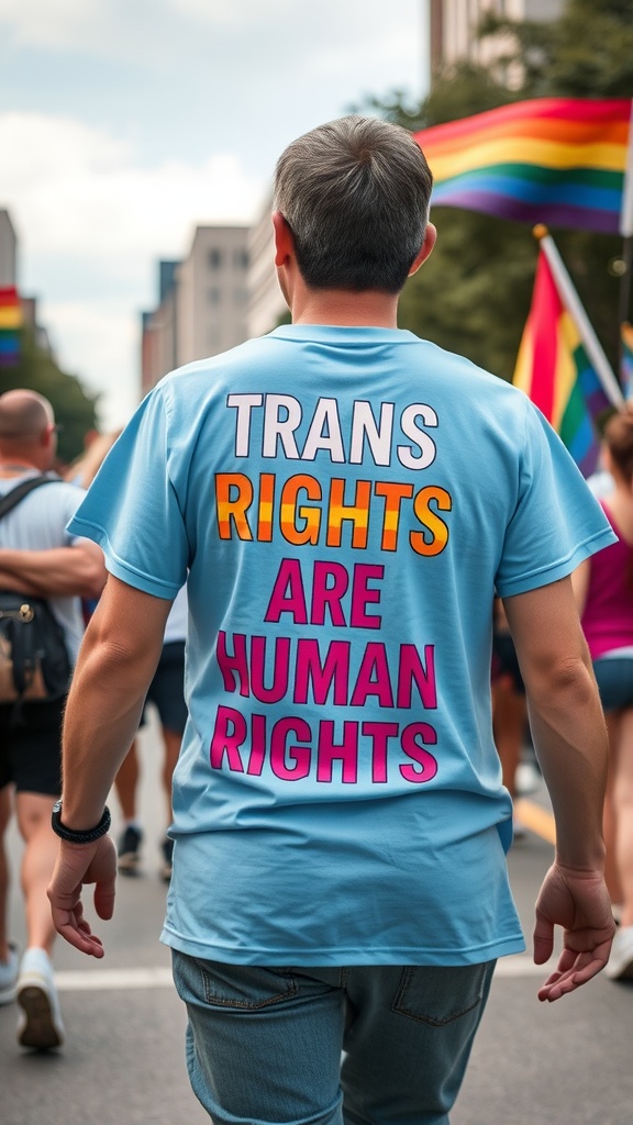 A person wearing a blue t-shirt with the text 'TRANS RIGHTS ARE HUMAN RIGHTS' on the back, walking in a pride parade.