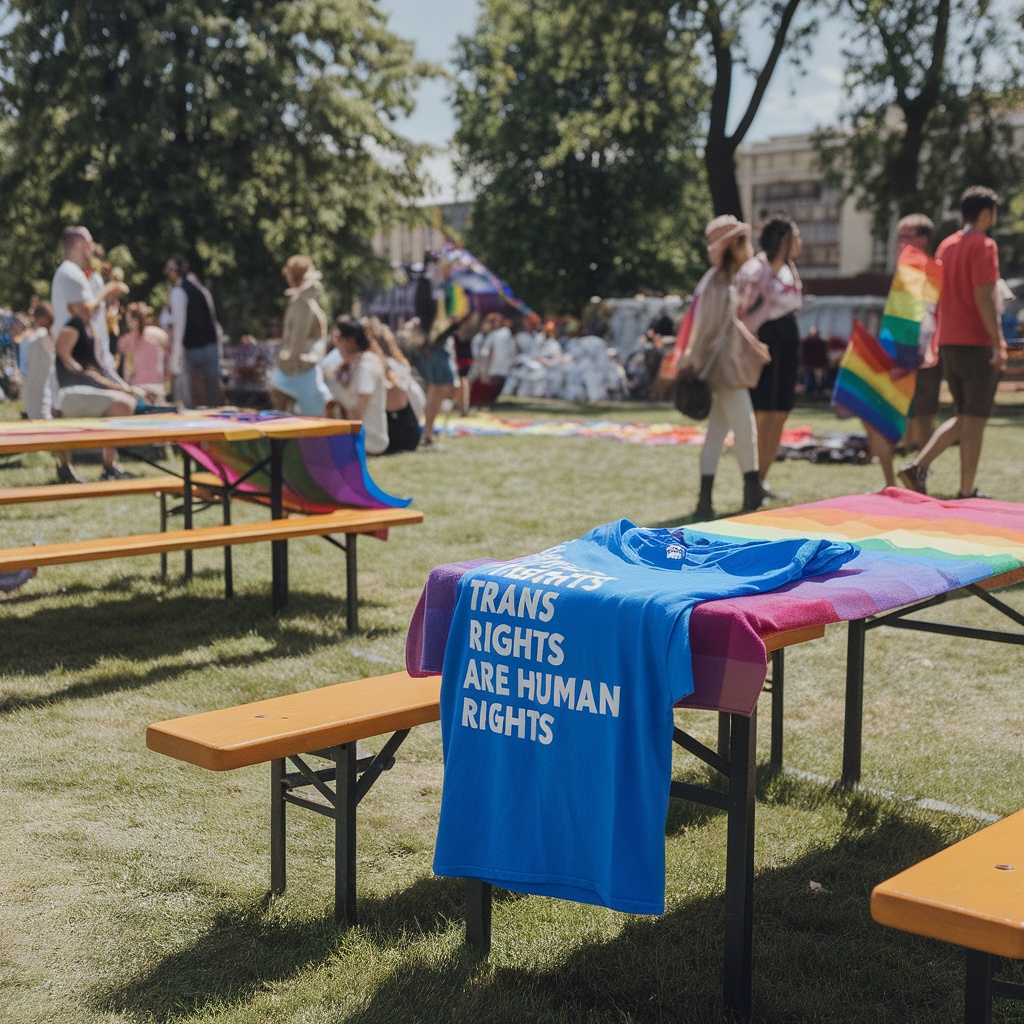 A blue t-shirt displaying the slogan 'Trans Rights Are Human Rights' on a table at a pride event.