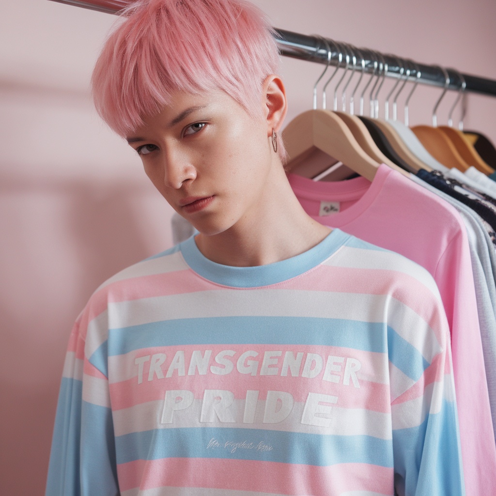 Long sleeve shirt with 'Transgender Pride' text on it, hanging on a rack.