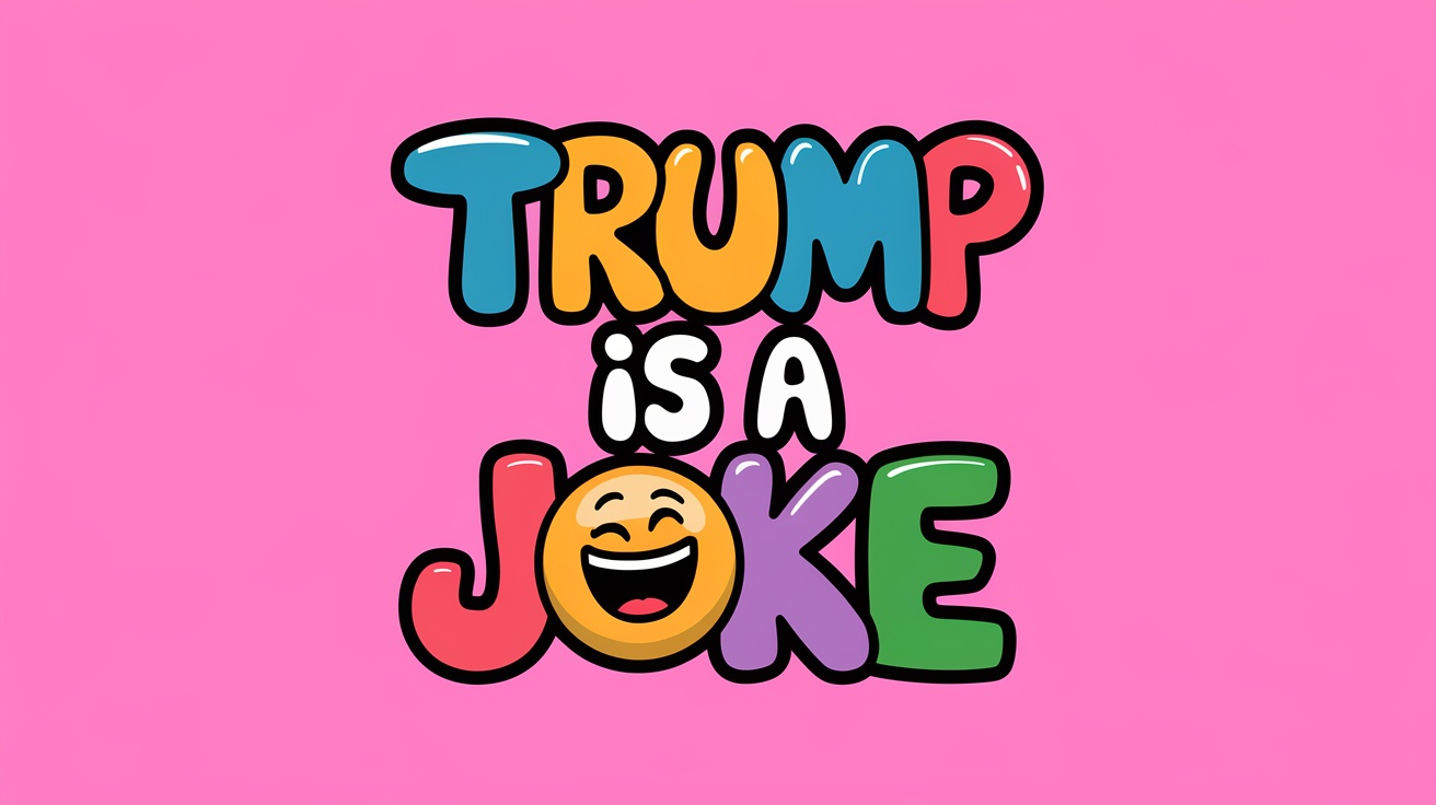 Anti Trump shirt design with the text 'Trump is a Joke' in colorful letters on a pink background.